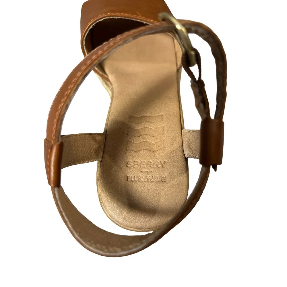 Sperry Plushwave Leather Espadrille Wedge Sandals Size 7M Tan STS85108
